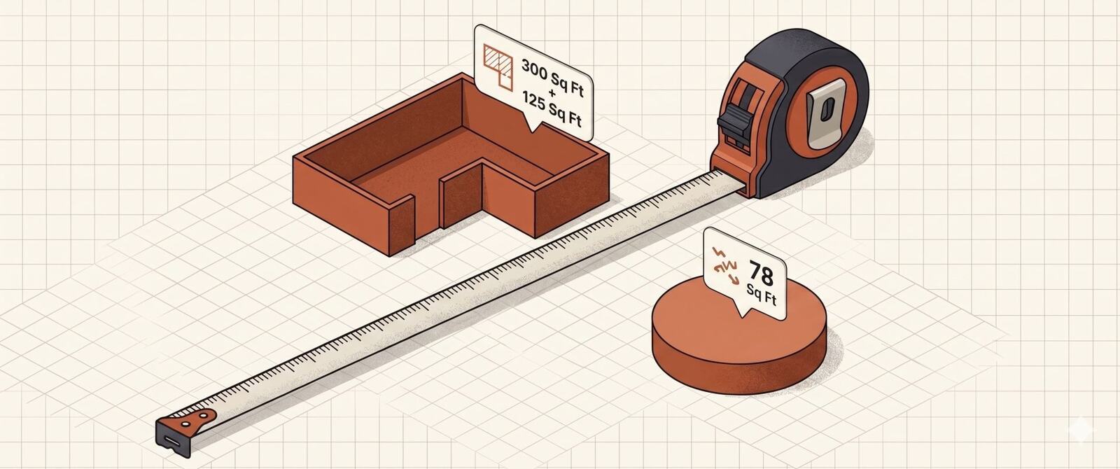 Isometric illustration of an L-shaped room measuring 300 plus 125 square feet and a circular patio measuring 78 square feet, with a tape measure extending across a blueprint grid background.